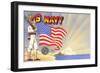 U.S. Navy Sailor with Flag and Ship-null-Framed Art Print