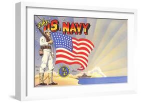 U.S. Navy Sailor with Flag and Ship-null-Framed Art Print