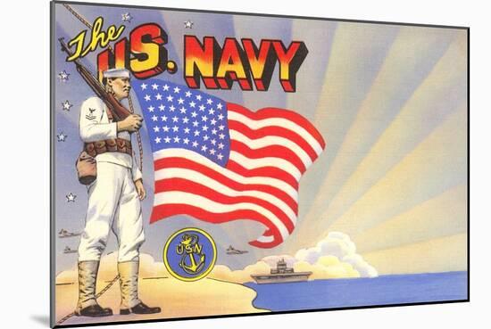 U.S. Navy Sailor with Flag and Ship-null-Mounted Art Print