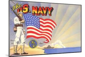 U.S. Navy Sailor with Flag and Ship-null-Mounted Art Print