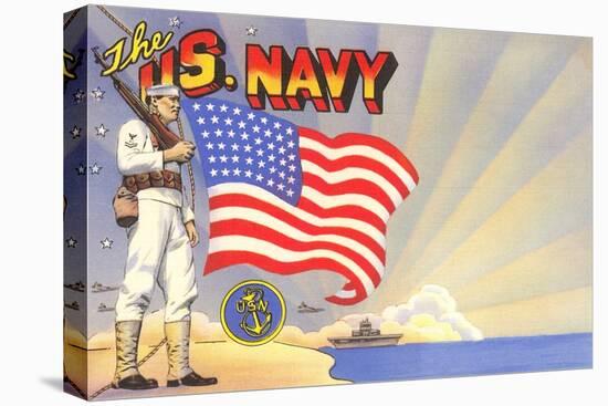 U.S. Navy Sailor with Flag and Ship-null-Stretched Canvas