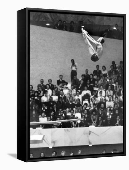 U.S. Platform Diver Frank Gorman Competing in Olympics-Art Rickerby-Framed Stretched Canvas