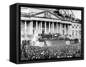 U.S. President Abraham Lincoln Stands Under Cover at Center of Capitol Steps-null-Framed Stretched Canvas