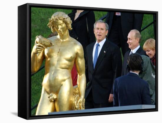 U.S. President George W. Bush, Russian President Vladimir Putin, Russian First Lady Lyudmila Putin-null-Framed Stretched Canvas