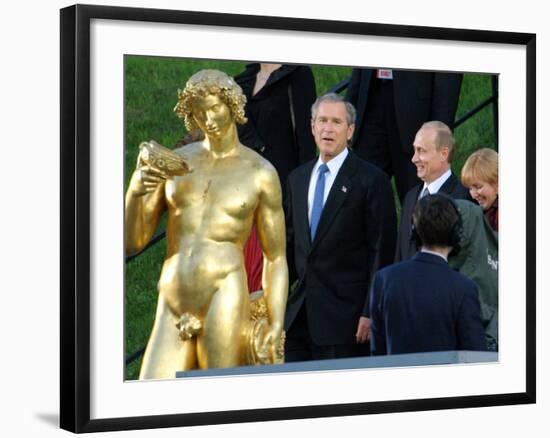 U.S. President George W. Bush, Russian President Vladimir Putin, Russian First Lady Lyudmila Putin-null-Framed Photographic Print