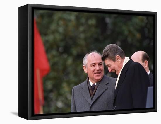 U.S. President Ronald Reagan, Right, Talks with Soviet Leader Mikhail Gorbachev-null-Framed Stretched Canvas