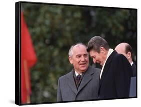 U.S. President Ronald Reagan, Right, Talks with Soviet Leader Mikhail Gorbachev-null-Framed Stretched Canvas