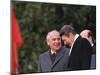 U.S. President Ronald Reagan, Right, Talks with Soviet Leader Mikhail Gorbachev-null-Mounted Premium Photographic Print