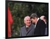 U.S. President Ronald Reagan, Right, Talks with Soviet Leader Mikhail Gorbachev-null-Framed Photographic Print