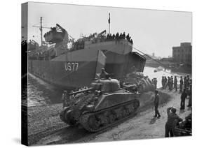 U.S. Sherman Tanks Leave a Landing Ship in Anzio Harbor, May 1944-null-Stretched Canvas