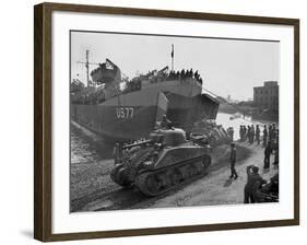 U.S. Sherman Tanks Leave a Landing Ship in Anzio Harbor, May 1944-null-Framed Photo