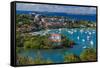 U.S. Virgin Islands, St. John. Cruz Bay, elevated town view with The Battery-Walter Bibikow-Framed Stretched Canvas