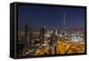 UAE, Downtown Dubai. Cityscape with Burj Khalifa at night.-Walter Bibikow-Framed Stretched Canvas