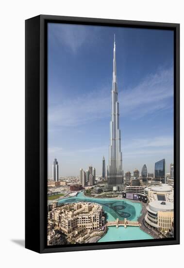 UAE, Downtown Dubai. Cityscape with Burj Khalifa.-Walter Bibikow-Framed Stretched Canvas