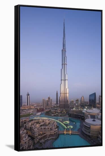 UAE, Downtown Dubai. Cityscape with Burj Khalifa.-Walter Bibikow-Framed Stretched Canvas