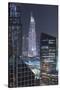 UAE, Downtown Dubai. Downtown cityscape at night lit in blue.-Walter Bibikow-Stretched Canvas