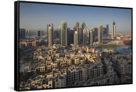 UAE, Downtown Dubai. Elevated view of Downtown area-Walter Bibikow-Framed Stretched Canvas