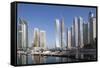 UAE, Dubai Marina high-rise buildings including the twisted Cayan Tower-Walter Bibikow-Framed Stretched Canvas