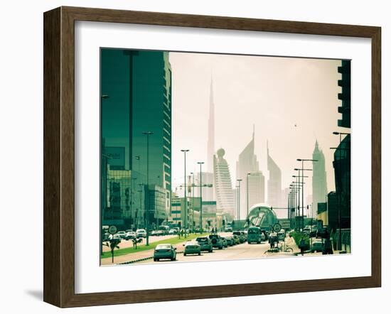 Uae, Dubai, Trade Centre Road, Burj Khalifa and Emirates Towers with Al Karama Metro Station in For-Alan Copson-Framed Photographic Print