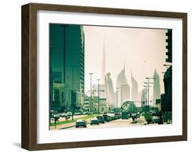 Uae, Dubai, Trade Centre Road, Burj Khalifa and Emirates Towers with Al Karama Metro Station in For-Alan Copson-Framed Photographic Print