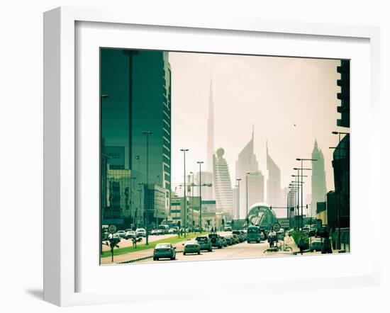 Uae, Dubai, Trade Centre Road, Burj Khalifa and Emirates Towers with Al Karama Metro Station in For-Alan Copson-Framed Photographic Print