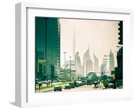 Uae, Dubai, Trade Centre Road, Burj Khalifa and Emirates Towers with Al Karama Metro Station in For-Alan Copson-Framed Photographic Print