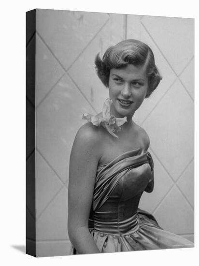 UCLA Student in Strapless Evening Gown, with Orchid Attached to Bare Shoulder by Transparent Tape-Loomis Dean-Stretched Canvas