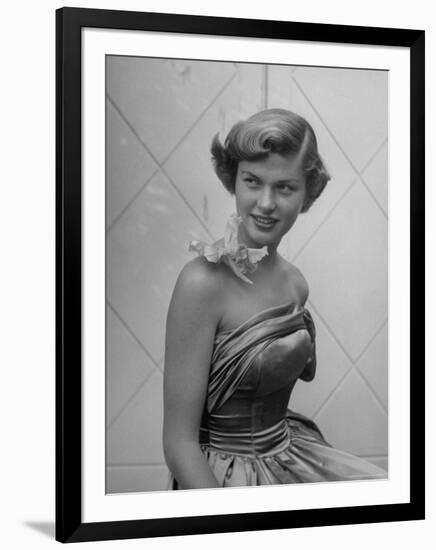 UCLA Student in Strapless Evening Gown, with Orchid Attached to Bare Shoulder by Transparent Tape-Loomis Dean-Framed Photographic Print