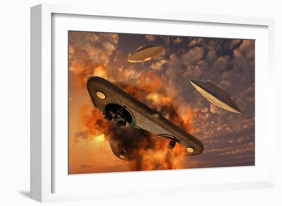 Ufo's from Different Alien Races Fighting Each Other in the Earth's Atmosphere-null-Framed Art Print