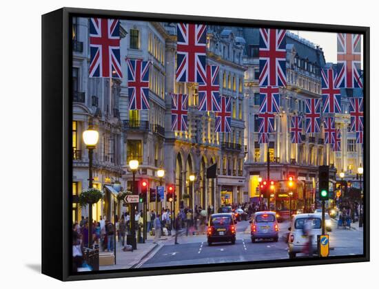 UK, England, London, Regent Street, Taxis and Union Jack Flags-Alan Copson-Framed Stretched Canvas