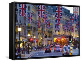 UK, England, London, Regent Street, Taxis and Union Jack Flags-Alan Copson-Framed Stretched Canvas