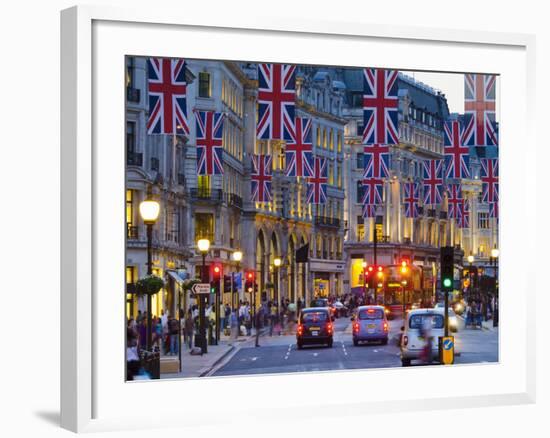 UK, England, London, Regent Street, Taxis and Union Jack Flags-Alan Copson-Framed Photographic Print