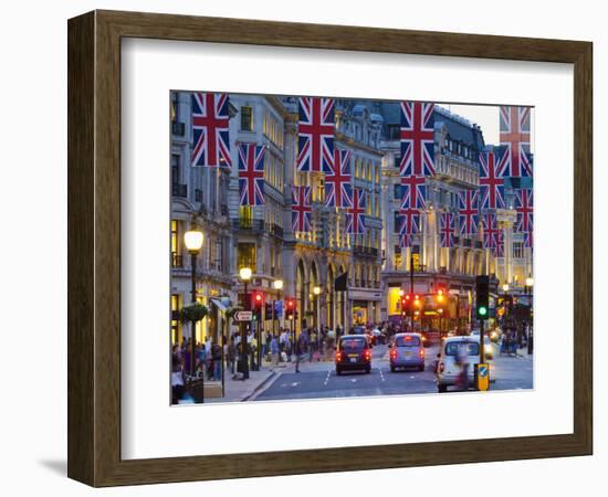 UK, England, London, Regent Street, Taxis and Union Jack Flags-Alan Copson-Framed Photographic Print