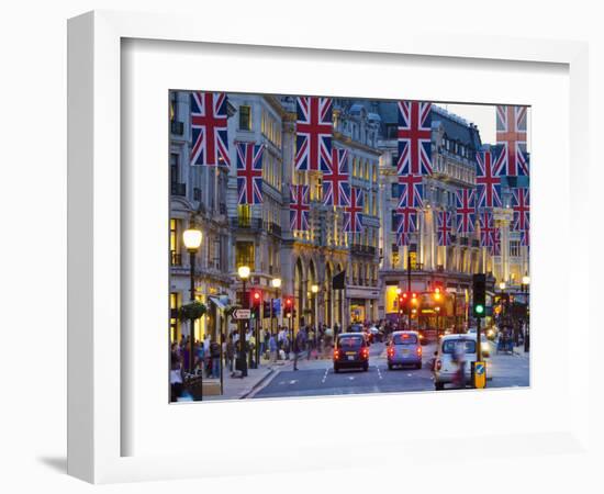 UK, England, London, Regent Street, Taxis and Union Jack Flags-Alan Copson-Framed Photographic Print