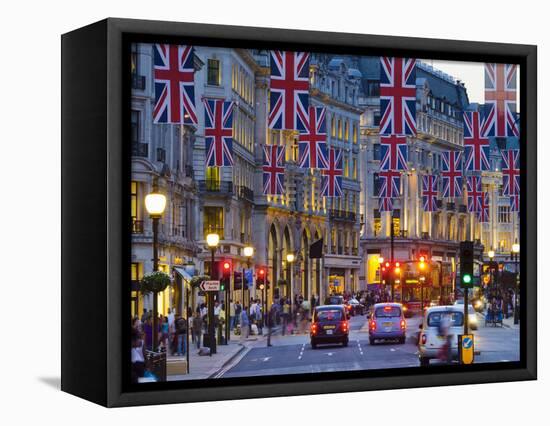 UK, England, London, Regent Street, Taxis and Union Jack Flags-Alan Copson-Framed Stretched Canvas