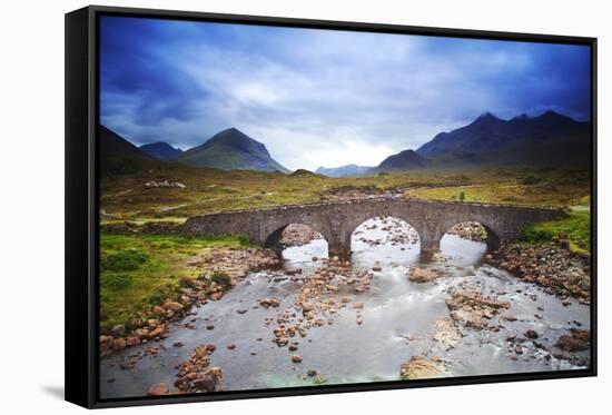 Uk, Scotland, Inner Hebrides, Isle of Skye. Sligachan Bridge and Mountains in the Background.-Ken Scicluna-Framed Stretched Canvas