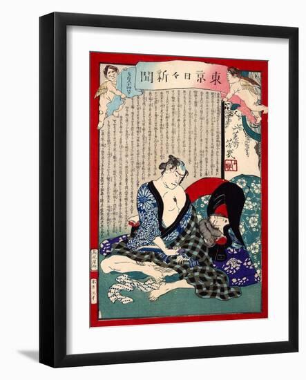 Ukiyo-E Newspaper: a Fishmonger’S Wife Owaka Goes Back to Working at Yoshiwara-Yoshiiku Ochiai-Framed Giclee Print