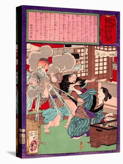 Ukiyo-E Newspaper: a Noodle Shop Wife Throw a Boiling Pot to Her Husband-Yoshitoshi Tsukioka-Stretched Canvas