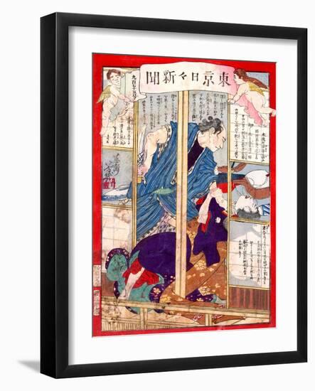 Ukiyo-E Newspaper: a Plasterer Seijuro Stick a Kitchen Knife to Geisha Osaku to Rape Her-Yoshiiku Ochiai-Framed Giclee Print