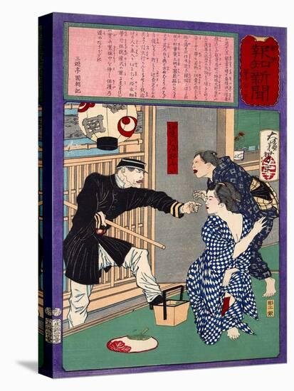 Ukiyo-E Newspaper: a Young Geisha Ofuta Almost Got Arrested to Expose Sing Herself-Yoshitoshi Tsukioka-Stretched Canvas