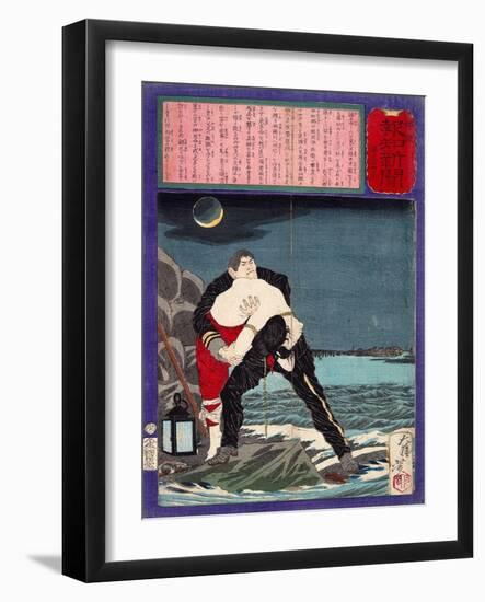 Ukiyo-E Newspaper: a Young Girl with Sticky Fingers Being Throw into a River by His Brother-Yoshitoshi Tsukioka-Framed Giclee Print