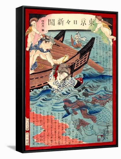 Ukiyo-E Newspaper: a Young Girl Yasu Being Rescued from a Water by a Ferryman-Yoshiiku Ochiai-Framed Stretched Canvas