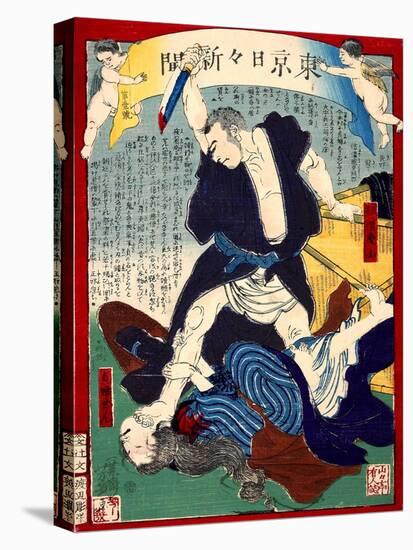 Ukiyo-E Newspaper: Bad Monk Keizan Kills a House Wife Sen-Yoshiiku Ochiai-Stretched Canvas