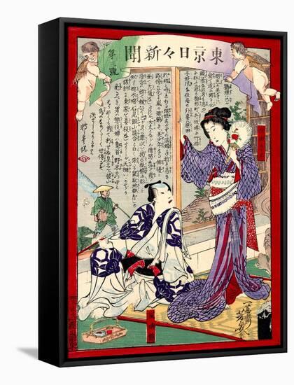 Ukiyo-E Newspaper: Geisha Yoarashi Okinu and Kabuki Actor Rikaku's Affaire Led to Muder-Yoshiiku Ochiai-Framed Stretched Canvas