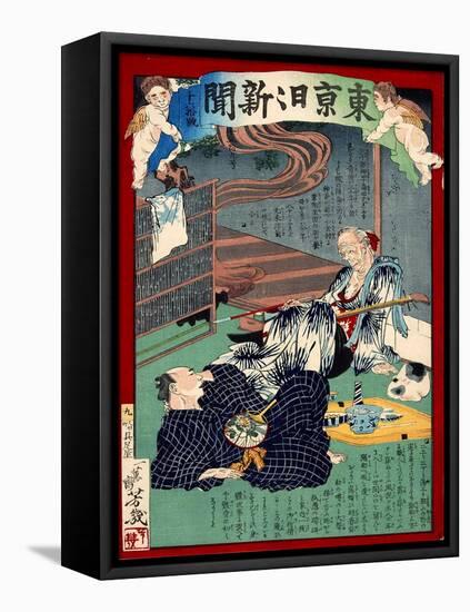 Ukiyo-E Newspaper: Lovesick of 87 Years Old Foster Mother at Noodle Shop-Yoshiiku Ochiai-Framed Stretched Canvas