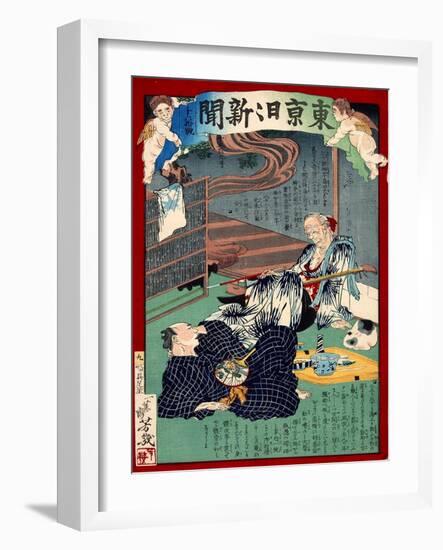 Ukiyo-E Newspaper: Lovesick of 87 Years Old Foster Mother at Noodle Shop-Yoshiiku Ochiai-Framed Giclee Print