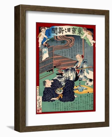 Ukiyo-E Newspaper: Lovesick of 87 Years Old Foster Mother at Noodle Shop-Yoshiiku Ochiai-Framed Giclee Print