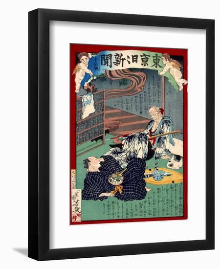 Ukiyo-E Newspaper: Lovesick of 87 Years Old Foster Mother at Noodle Shop-Yoshiiku Ochiai-Framed Giclee Print