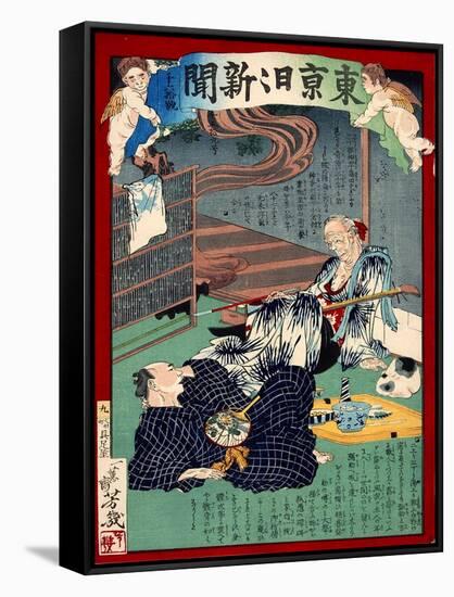 Ukiyo-E Newspaper: Lovesick of 87 Years Old Foster Mother at Noodle Shop-Yoshiiku Ochiai-Framed Stretched Canvas