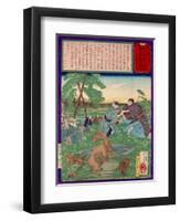 Ukiyo-E Newspaper: Racoons Saves a Weasel from a Vicious Dog-Yoshitoshi Tsukioka-Framed Premium Giclee Print